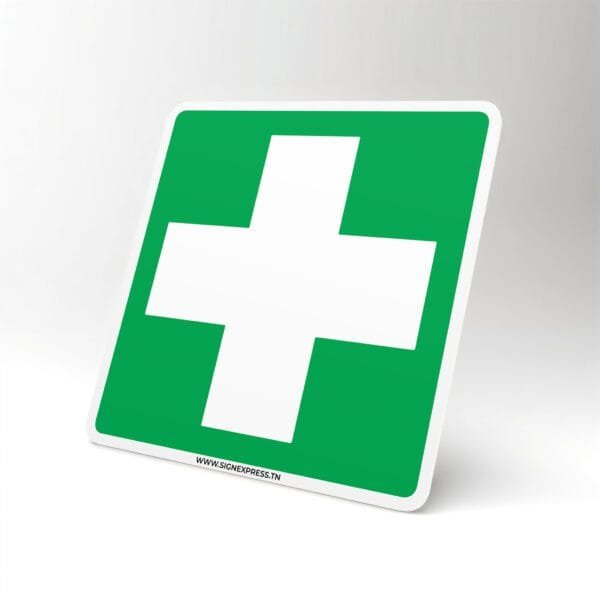 Plaque premiers secours norme ISO 7010 avec croix verte – sécurité Tunisie