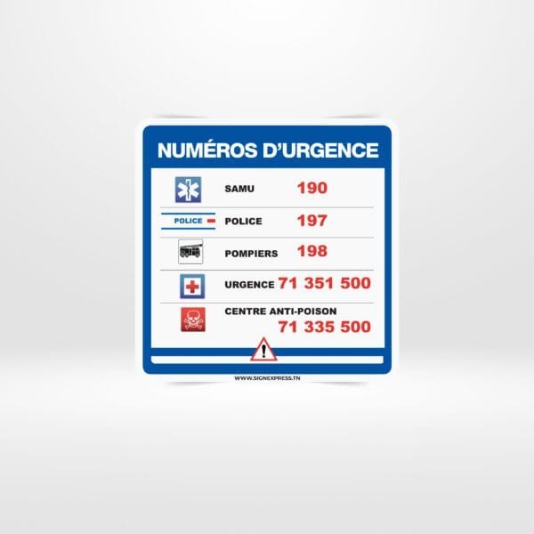 Plaque numéros d’urgence Tunisie avec contacts police, pompiers, SAMU