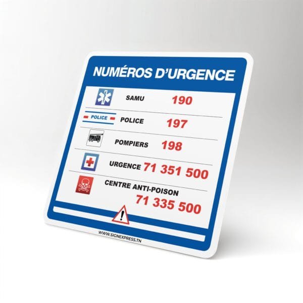 Plaque numéros d’urgence Tunisie avec contacts police, pompiers, SAMU