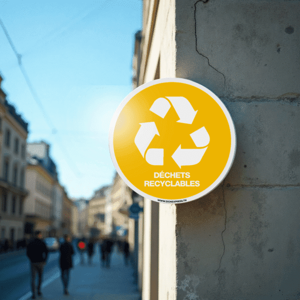 plaque-dechet-recyclable-signalisation-tunisie.jpg Plaque signalétique "Déchet Recyclable" en Alucobond avec pictogramme vert, conforme à la norme ISO 7010, pour entreprise ou établissement en Tunisie.