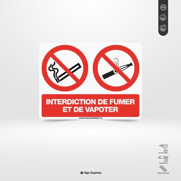 plaque-interdit-de-fumer-et-de-vapoter-tunisie.jpg Plaque interdit de fumer et de vapoter – signalétique sécurité – panneau interdiction – Tunisie