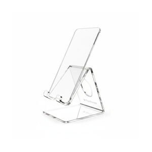 Support téléphone de bureau en Plexiglas transparent, objet publicitaire personnalisé par Sign Express Tunisie.