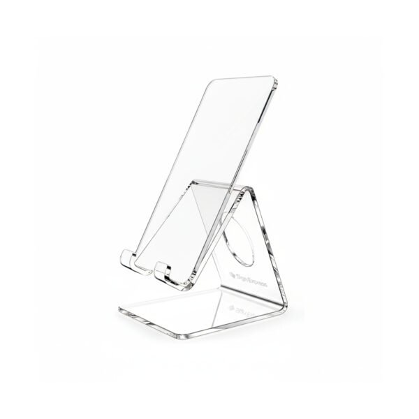 Support téléphone de bureau en Plexiglas transparent, objet publicitaire personnalisé par Sign Express Tunisie.