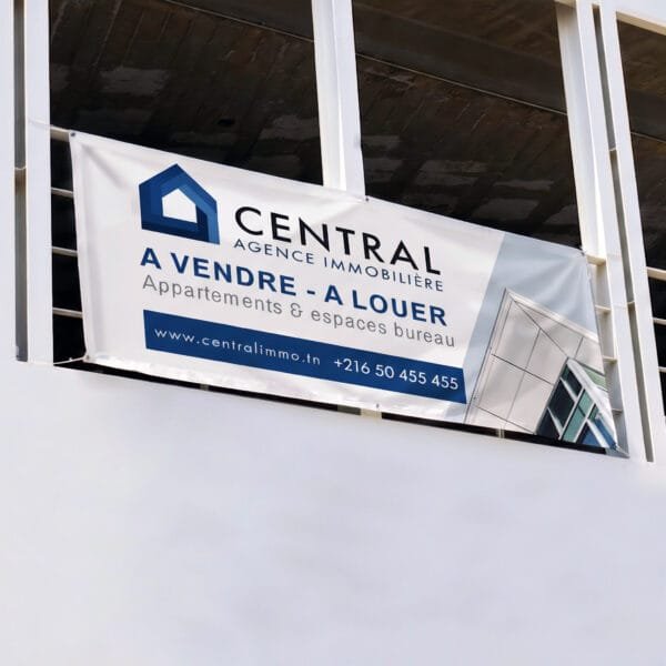 Bâche publicitaire personnalisée en PVC avec œillets, impression haute qualité en Tunisie.