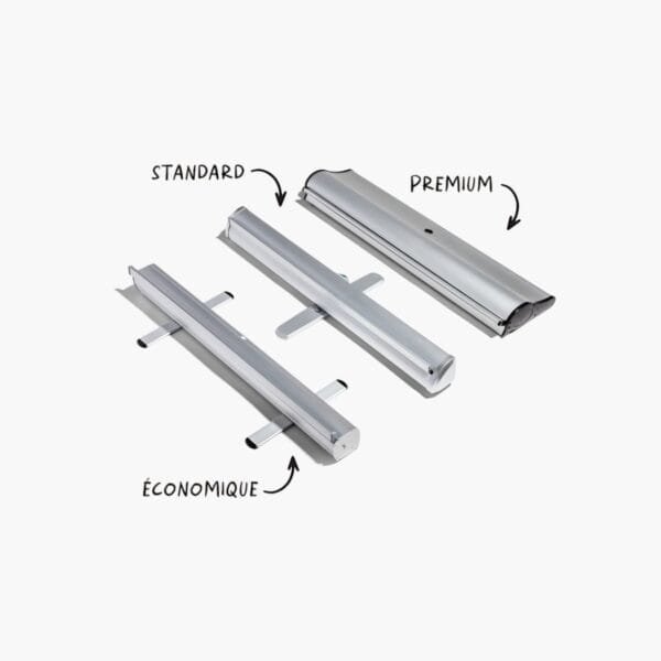 Comparatif des structures pour Roll Up : Économique, Standard et Premium disponibles en Tunisie.