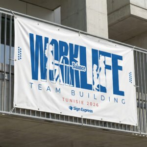 Bâche publicitaire personnalisée en PVC avec œillets, impression haute qualité en Tunisie.