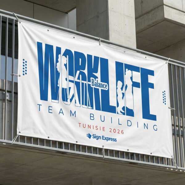 Bâche publicitaire personnalisée en PVC avec œillets, impression haute qualité en Tunisie.