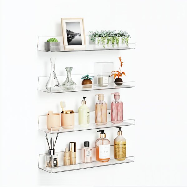 etagere-murale-plexiglas-transparente-tunisie.jpg Étagère murale en plexiglas transparente, design flottant pour rangement livres ou cadres, fixation murale invisible.