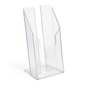 Porte-brochure de comptoir en plexi transparent format A4 pour flyer, disponible chez Sign Express Tunisie.