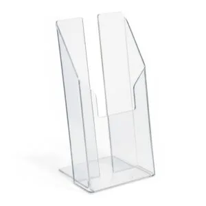 Porte-brochure de comptoir en plexi transparent format A4 pour flyer, disponible chez Sign Express Tunisie.