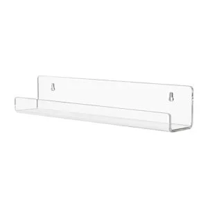 Étagère murale en plexiglas transparente, design flottant pour rangement livres ou cadres, fixation murale invisible.