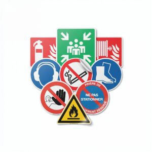 Ensemble signalétique de sécurité Tunisie : autocollant point de rassemblement, panneau extincteur, pictogramme port EPI obligatoire, interdit de fumer et danger inflammable.