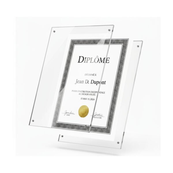 Vue éclatée d'un cadre diplôme en plexiglas montrant les deux plaques acryliques et le document pris en sandwich.