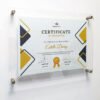 Cadre diplôme en plexiglas mural avec 4 fixations entretoises en inox, affichant un certificat d'excellence.