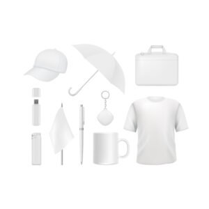Assortiment d'objets publicitaires vierges à personnaliser comprenant casquette, parapluie, sacoche, clé USB, stylo, mug et t-shirt, par Sign Express Tunisie.