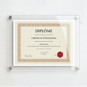 cadre-diplome-plexiglas-mural-tunisie.jpg Cadre diplôme en plexiglas mural avec 4 fixations entretoises en inox, affichant un certificat d'excellence.