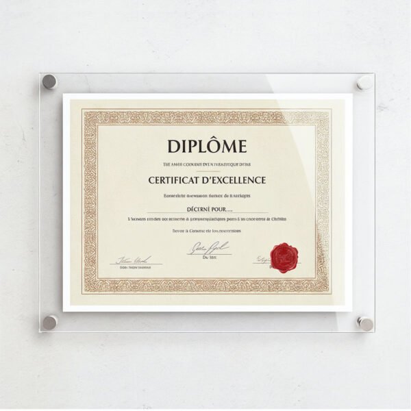 Cadre diplôme en plexiglas mural avec 4 fixations entretoises en inox, affichant un certificat d'excellence.