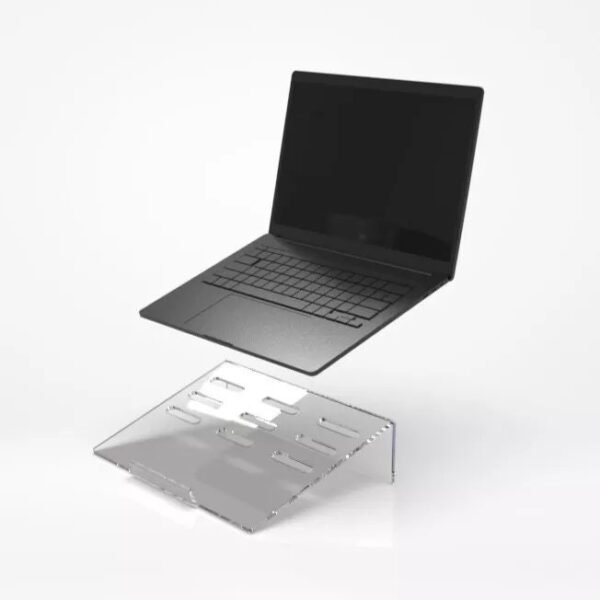 Rehausseur d'ordinateur portable en acrylique transparent, améliorant l'ergonomie au bureau pour télétravail.
