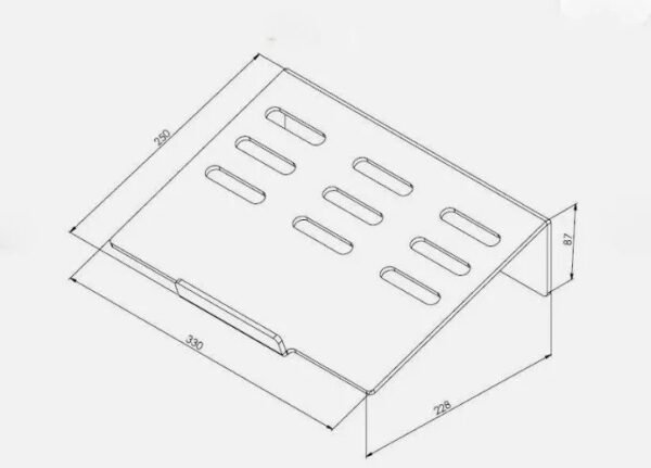 Support PC portable ergonomique en plexiglass transparent avec fentes de ventilation, fabriqué en Tunisie.