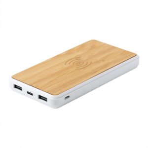 Batterie externe sans fil finition bambou et coque blanche Tunisie
