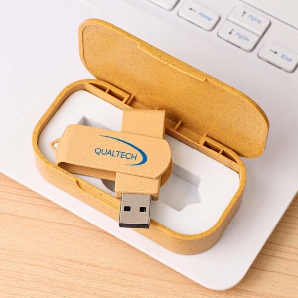 Clé USB beige moucheté en paille de blé avec son coffret de rangement écologique.