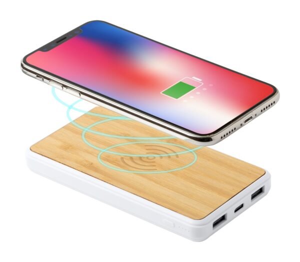 Batterie externe sans fil finition bambou et coque blanche Tunisie