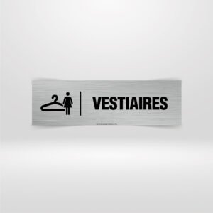Plaque Vestiaires Femme – Signalétique Aluminium Brossé Signalétique vestiaires femme icône cintre sur fond alu brossé.