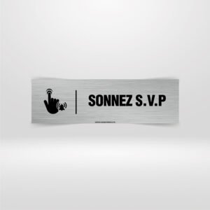 Plaque Sonnez SVP – Signalétique d'Entrée & Guichet Panneau signalétique Sonnez SVP avec icône main et cloche.
