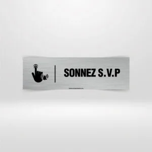 Plaque Sonnez SVP – Signalétique d'Entrée & Guichet Panneau signalétique Sonnez SVP avec icône main et cloche.