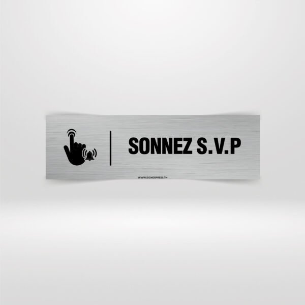Panneau signalétique Sonnez SVP avec icône main et cloche.
