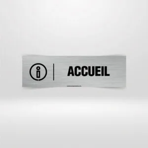 Plaque de Porte Accueil – Signalétique Bureau & Entreprise Tunisie Plaque de porte Accueil aluminium brossé avec icône information pour entreprise Tunisie.