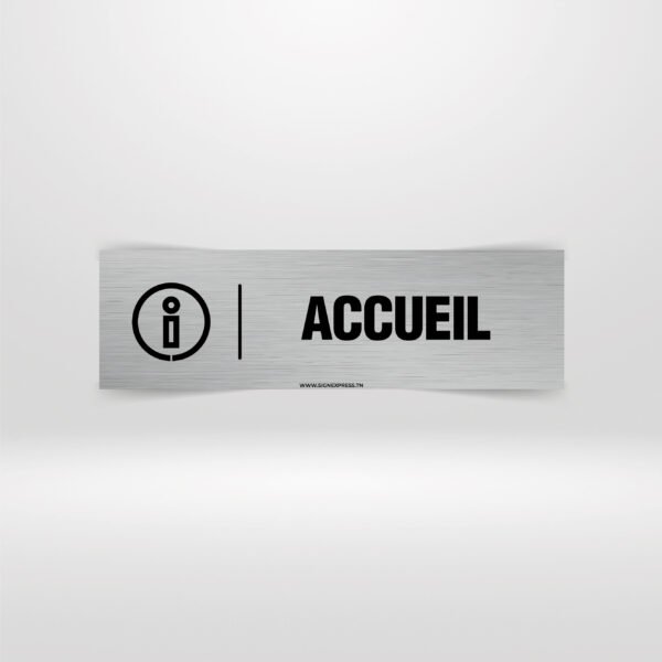 Plaque de porte Accueil aluminium brossé avec icône information pour entreprise Tunisie.