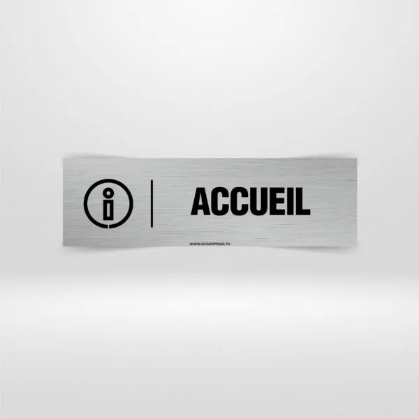 Plaque de Porte Accueil – Signalétique Bureau & Entreprise Tunisie Plaque de porte Accueil aluminium brossé avec icône information pour entreprise Tunisie.