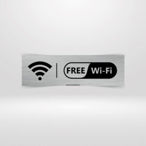 Plaque Free Wi-Fi – Signalisation Internet Gratuit – Hôtels & Cafés Panneau mural Free Wi-Fi aluminium brossé icône réseau sans fil.