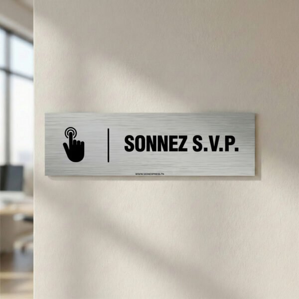 Panneau signalétique Sonnez SVP avec icône main et cloche.