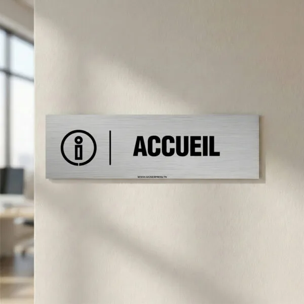 Plaque de Porte Accueil – Signalétique Bureau & Entreprise Tunisie Plaque de porte Accueil aluminium brossé avec icône information pour entreprise Tunisie.